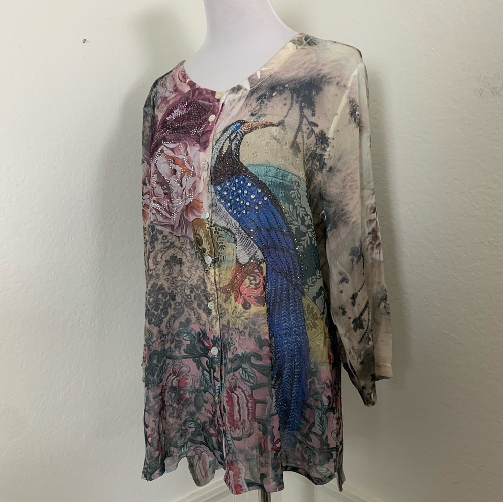 Schiffhauer Munich Cardigan Sweater Floral Semi Sheer Jeweled Womens L Art - Picture 5 of 17